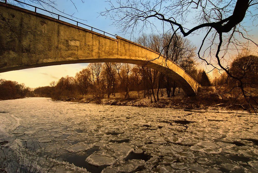 закат, река, зима, мост, Александр Титаренко