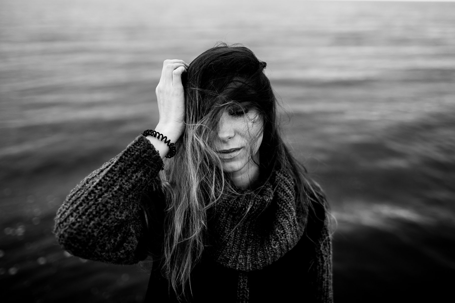 sea, girl, wind, weather, beauty, black and white, hair, beach, Dmitry Bastet