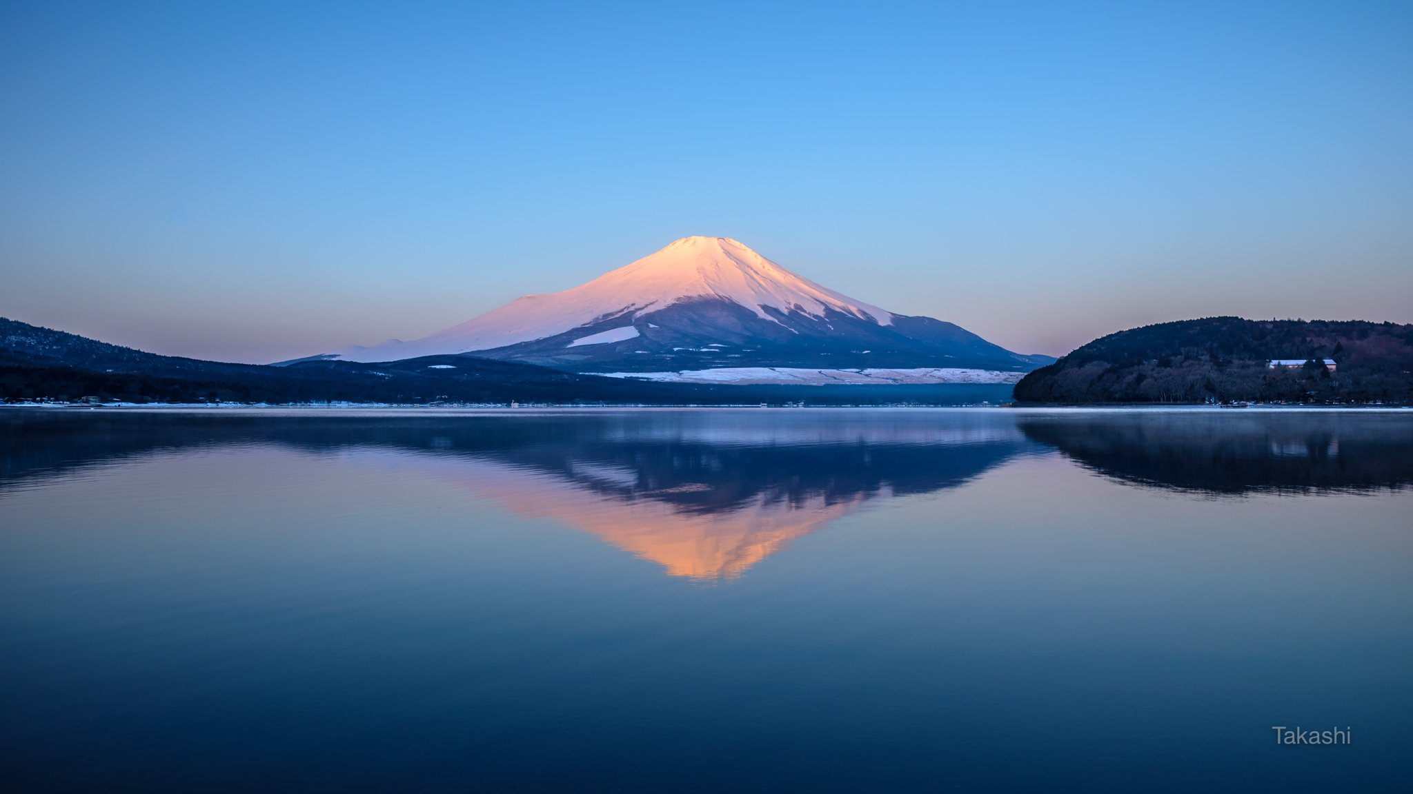 Fuji,Japan,mountain,snow,reflection,pink,sky,blue,lake,water,winter,beautiful,amazing,, Takashi