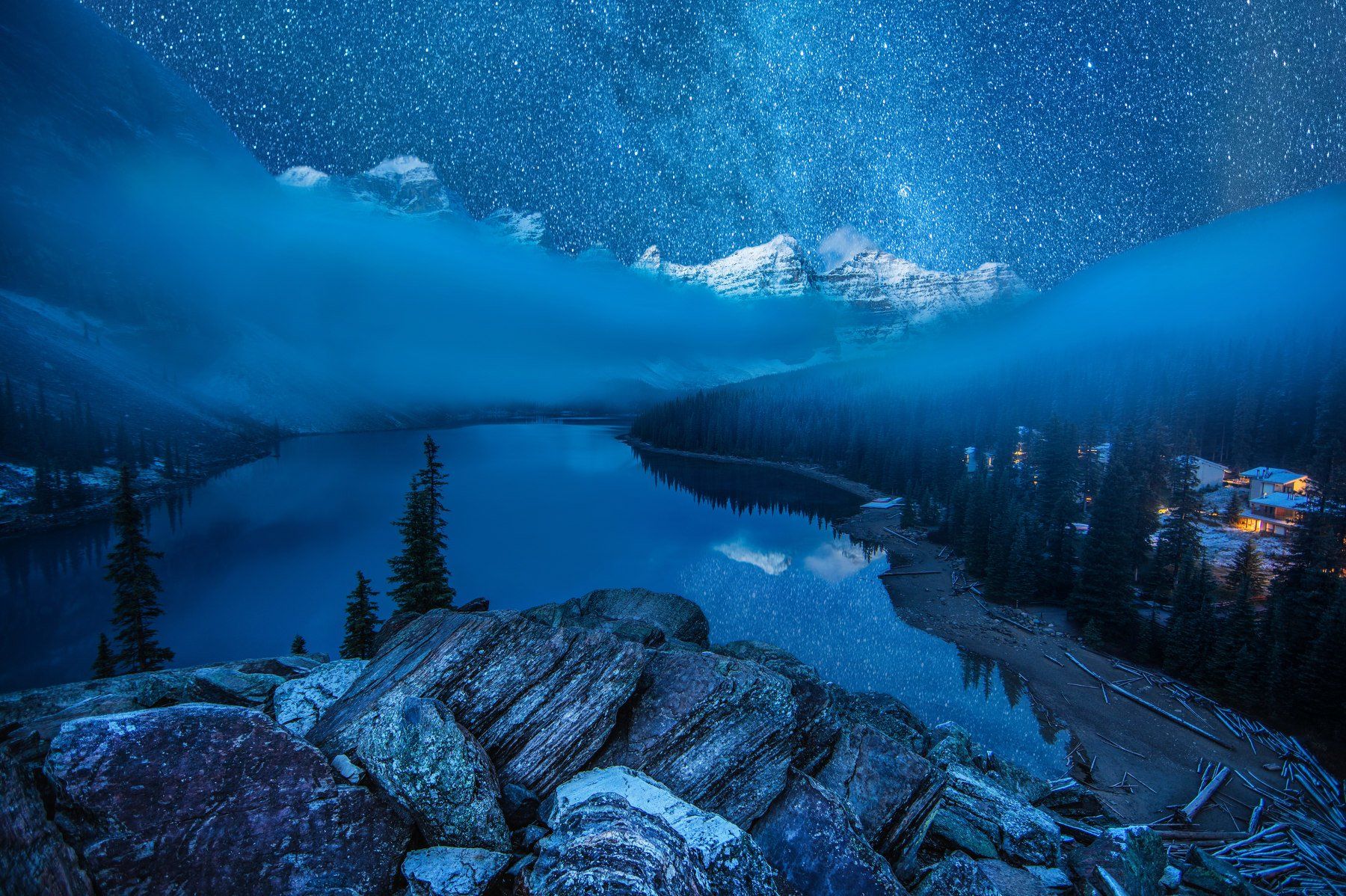 озеро морейн, канада, звезды, горы, отражения, туман, Алексей Сулоев