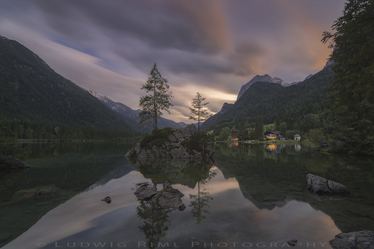 after sunset, bavaria, beach, berchtesgaden, calmness, europe, evening, evening glow, flags, forest, germany, green, harmony, hintersee, hotel, lake, lights, mountain glow, mountains, nature, outdoors, ramsau, rock, seaside, serenity, shore, snow, still, , Ludwig Riml