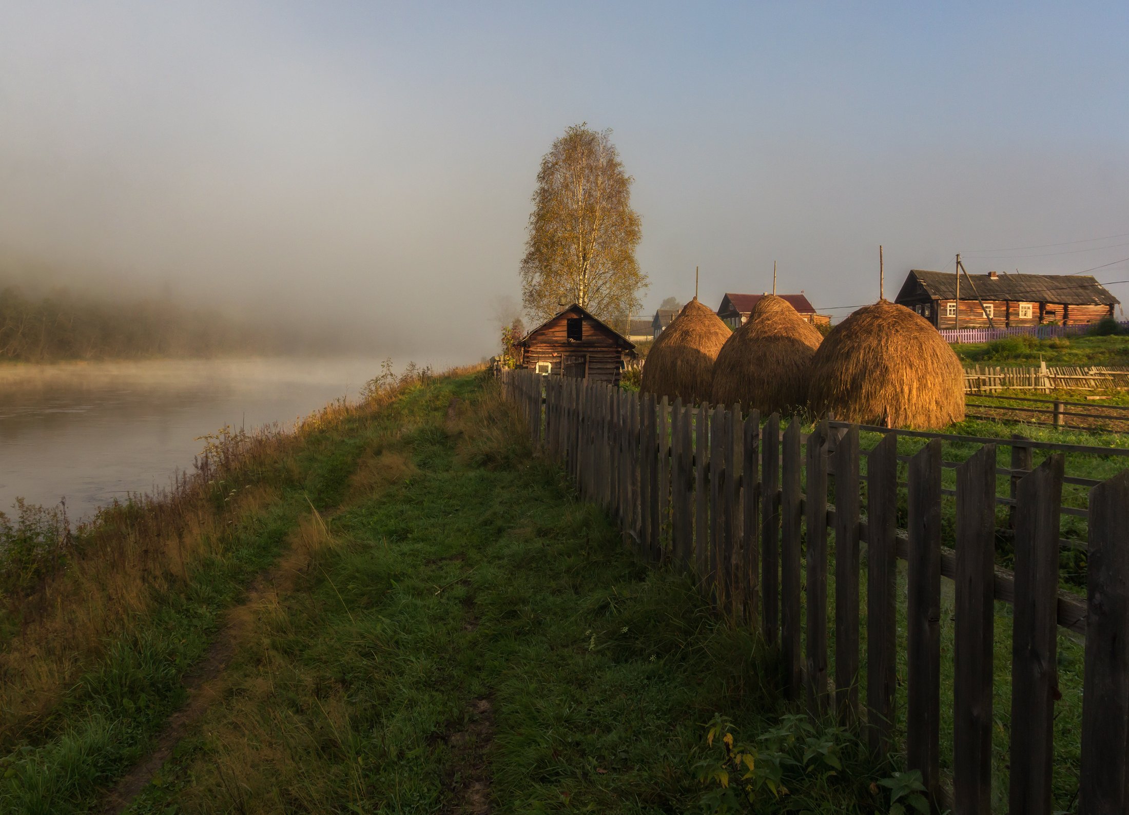 туман, утро, деревня, река, вепсский лес, Павел Ващенков