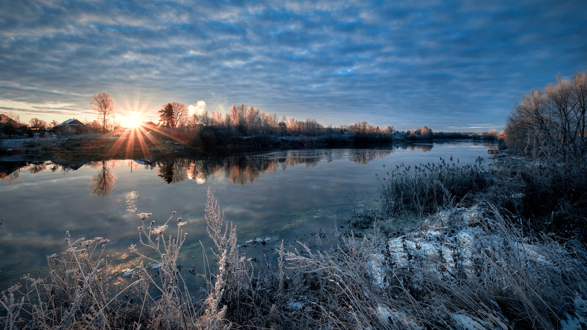 пейзаж, ноябрь, река, дубна, лед, иней, холод, рассвет, утро, солнце, Андрей Чиж