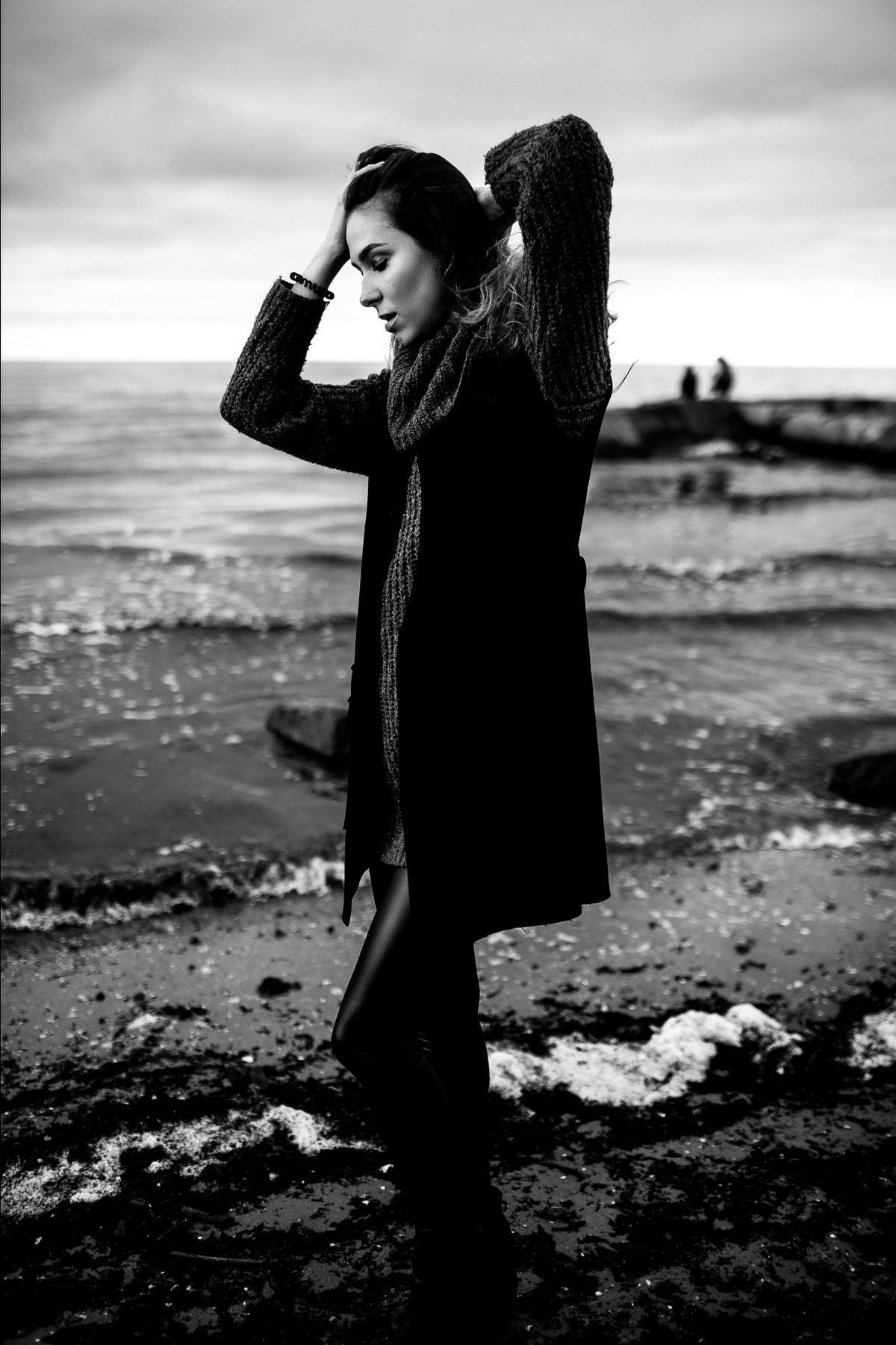 sea, girl, wind, weather, beauty, black and white, hair, beach, Dmitry Bastet