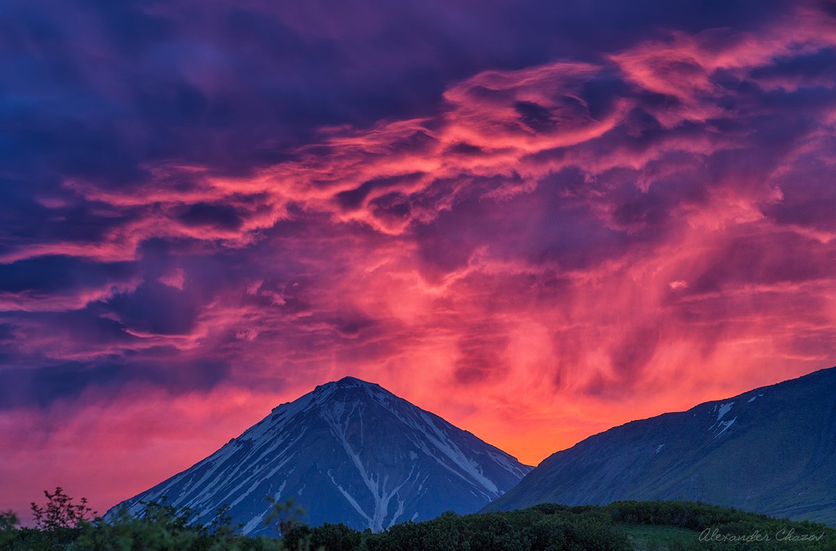 камчатка, вулкан, закат, облака, пейзаж, природа, Александр Чазов
