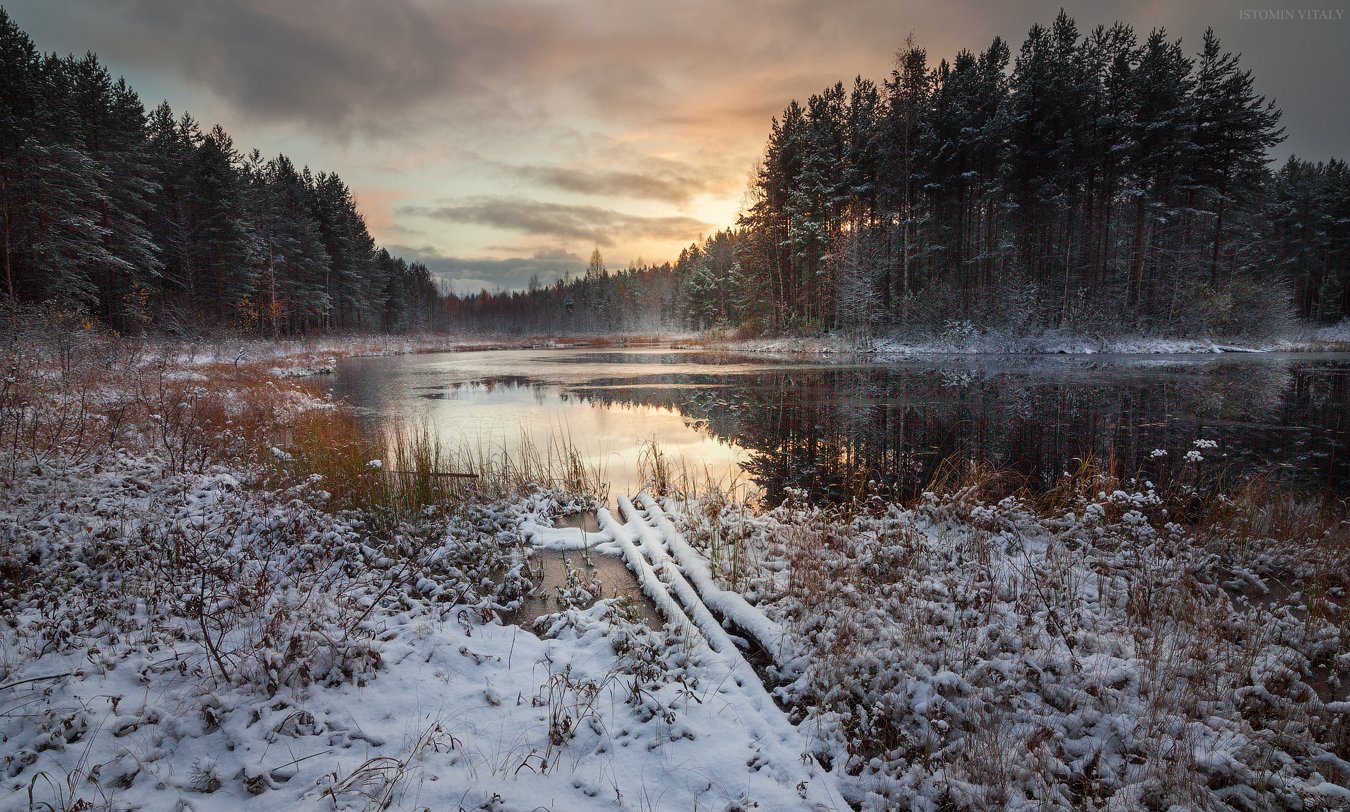 пейзаж,кулой,россия,озеро,отражение,свет,небо,перспектива,зима,первый снег, Виталий Истомин