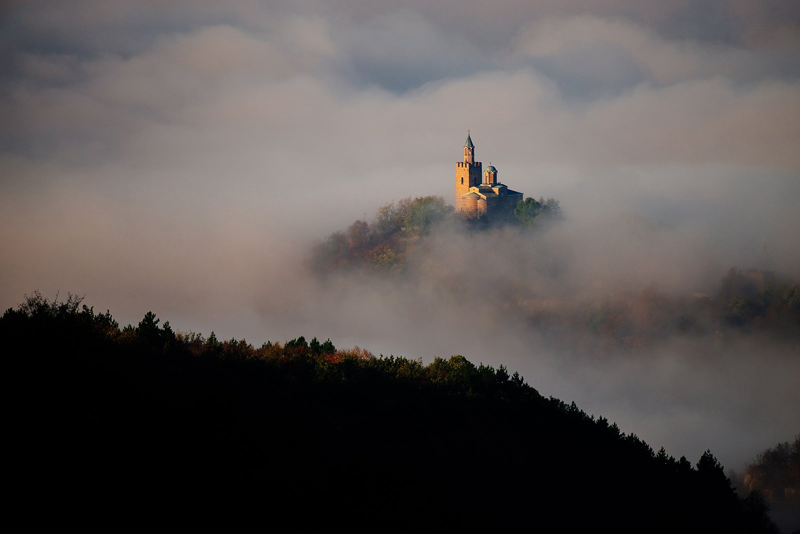 landscape, fog, church, tower, hill, пейзаж, церковь, город, холм, мгла, башня,, Венци Йорданов