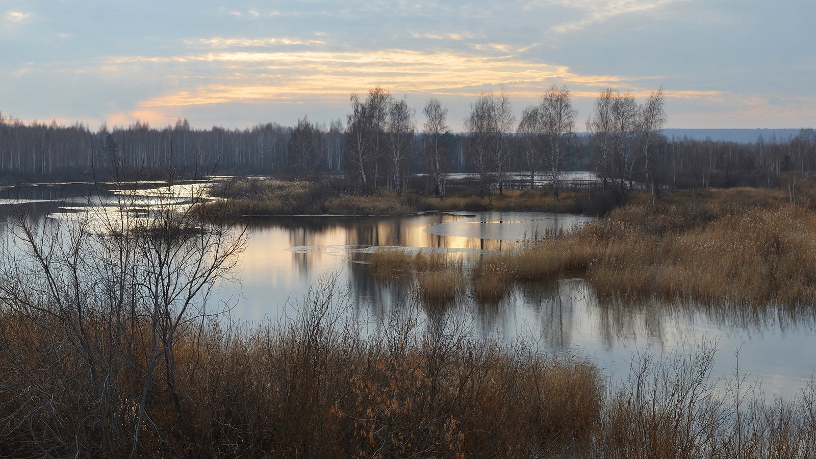 дымка, холод, озеро, тонкий лёд, отражение, солнечный свет, ноябрь, Irina Shapronova