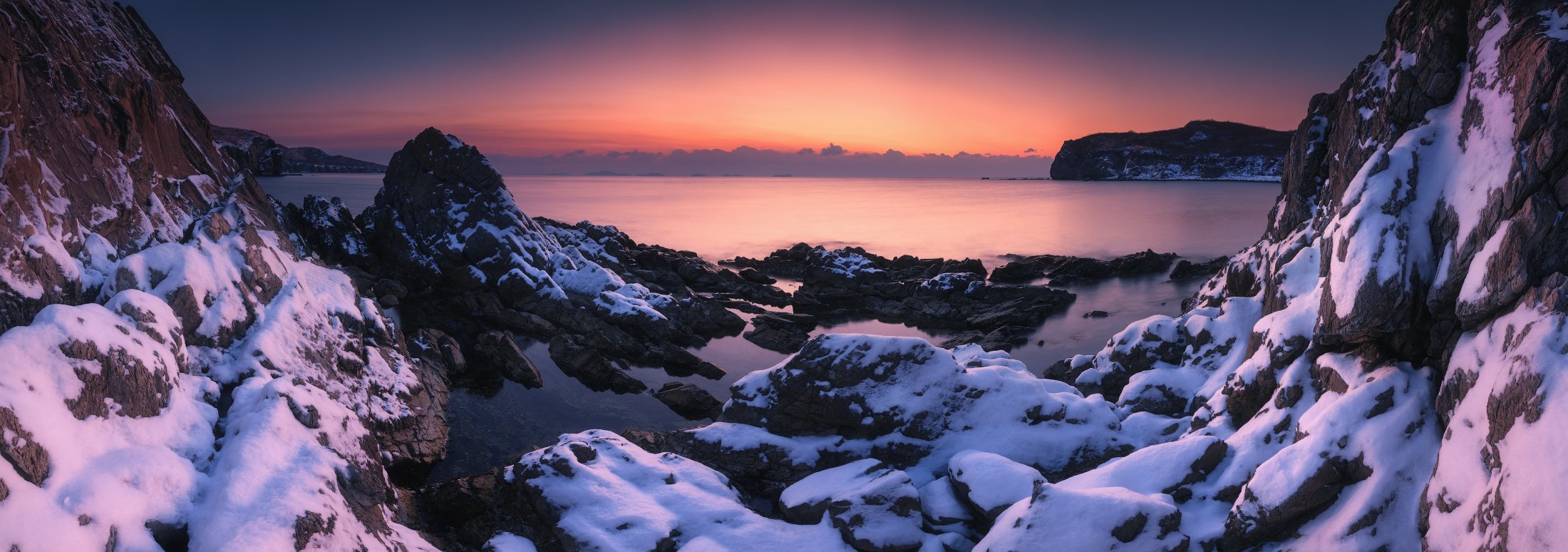 панорама, море, снег, скалы, утро, восход, Андрей Кровлин