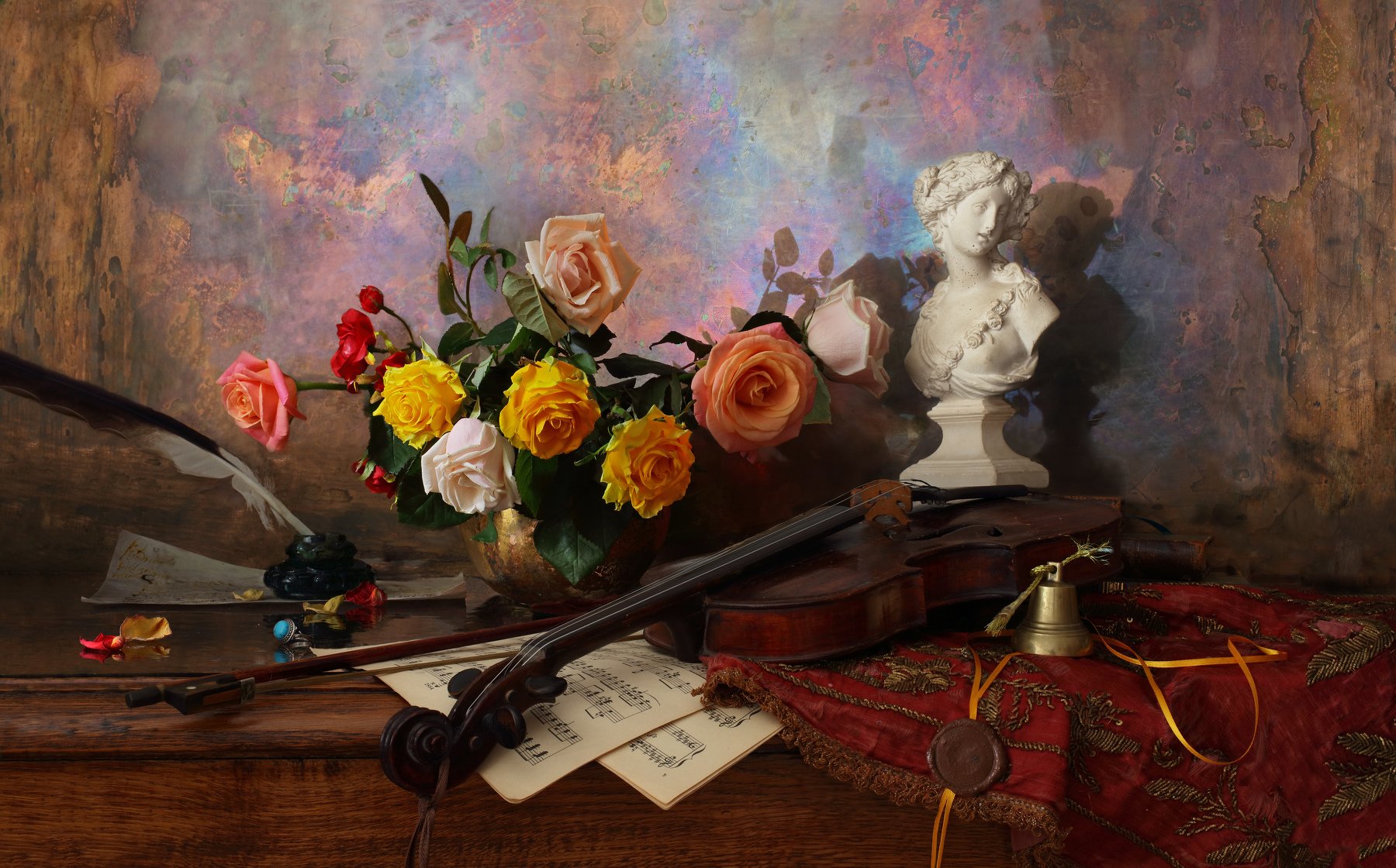 цветы, розы, музыка, бюст, девушка, скрипка, Андрей Морозов