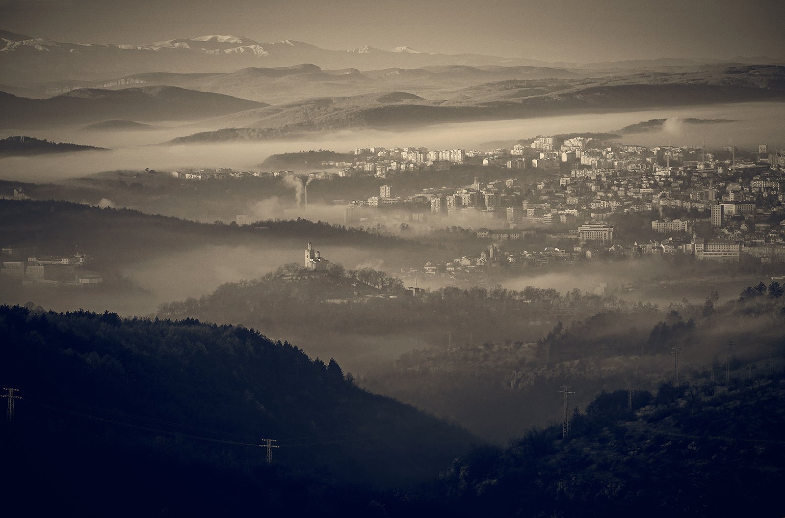 landscape, fog, church, tower, hill, пейзаж, церковь, город, холм, мгла, башня, Венци Йорданов