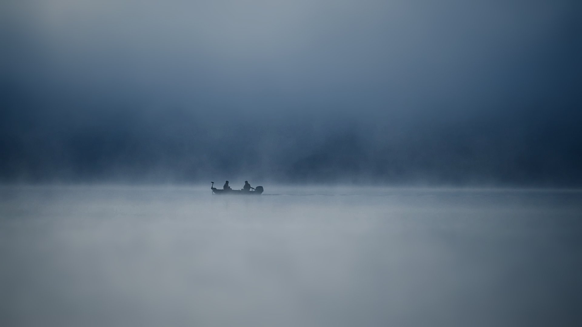 landscape, fishing, lake, morning, fog, nature, people, Genadi Dochev