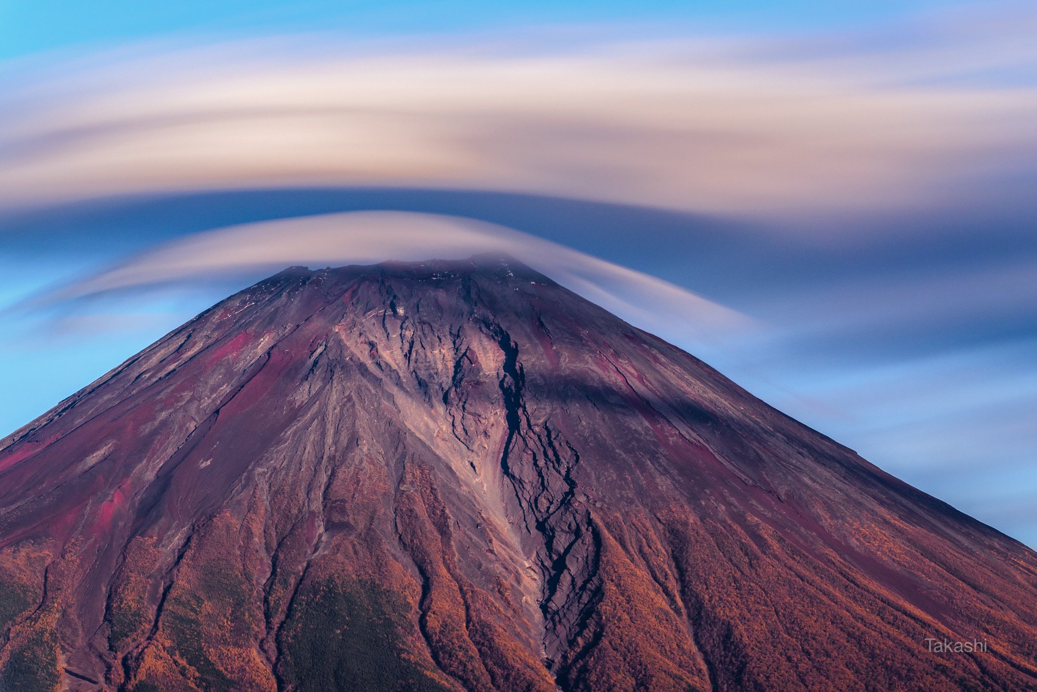 Fuji,Japan,mountain,clouds,sky,red,blue,, Takashi