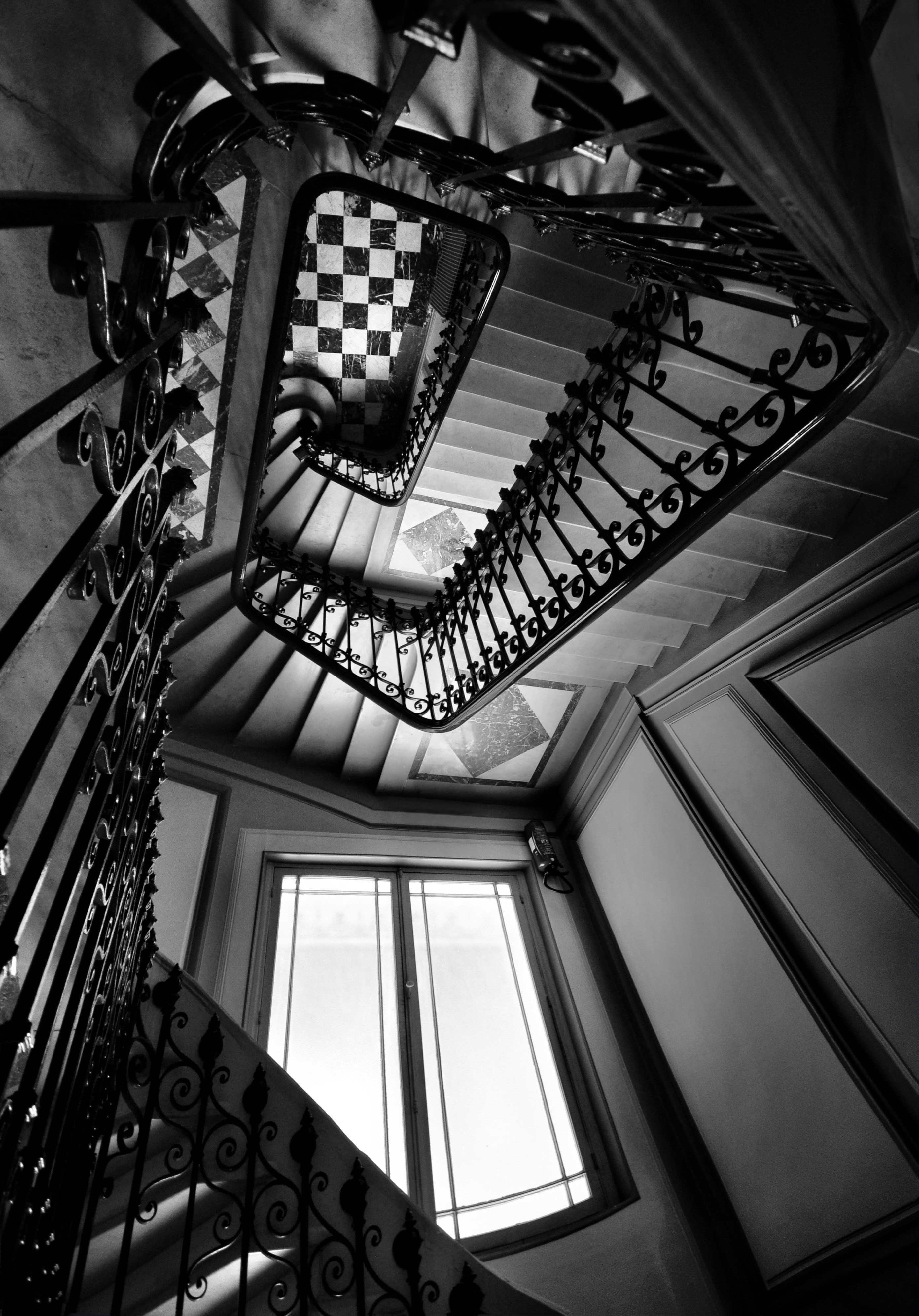 city, architecture, black & white, paris, stairs, surreal, upside-down, day light, depth, Endegor