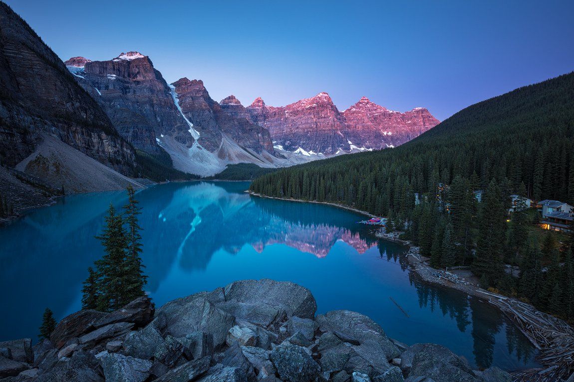 moraine, lake, canada, morning, peaks, banff, national park, mood, twilight, dawn, sky, reflection, colors, rocks, trees, Martin Rak
