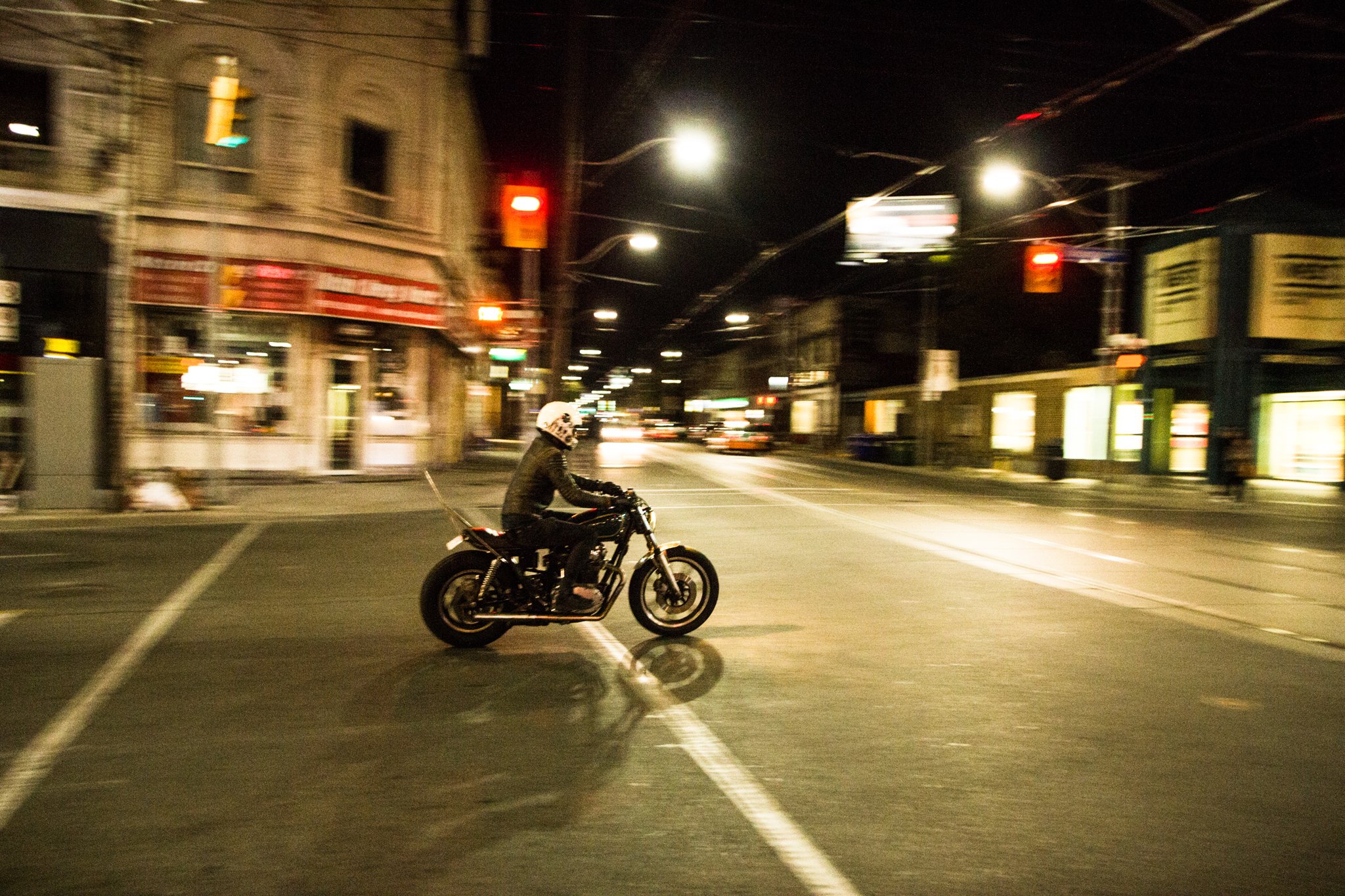motorcycle, retro, street, lights, rider, nostalgic, toronto, canada, leather, two wheels, riding, vehicle, nostalgia, look back, motorcyclist, helmet, leather suit, classic, style, night life, ride out, intersection, city lights,, Марко Радовановић