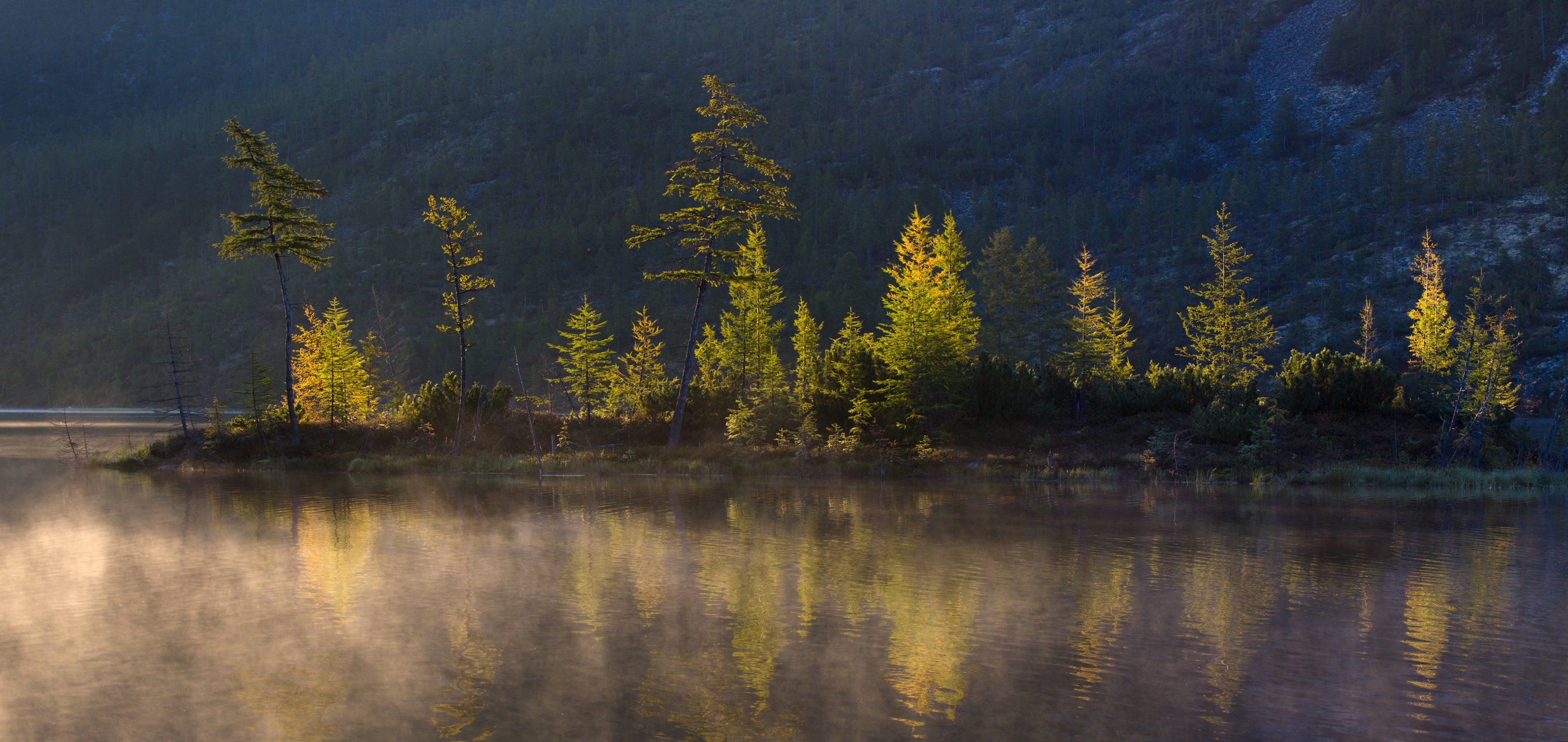 озеро, рассвет, тишина, отражение, осень, остров, деревья, колыма, туман, покой, Антон Селезнев