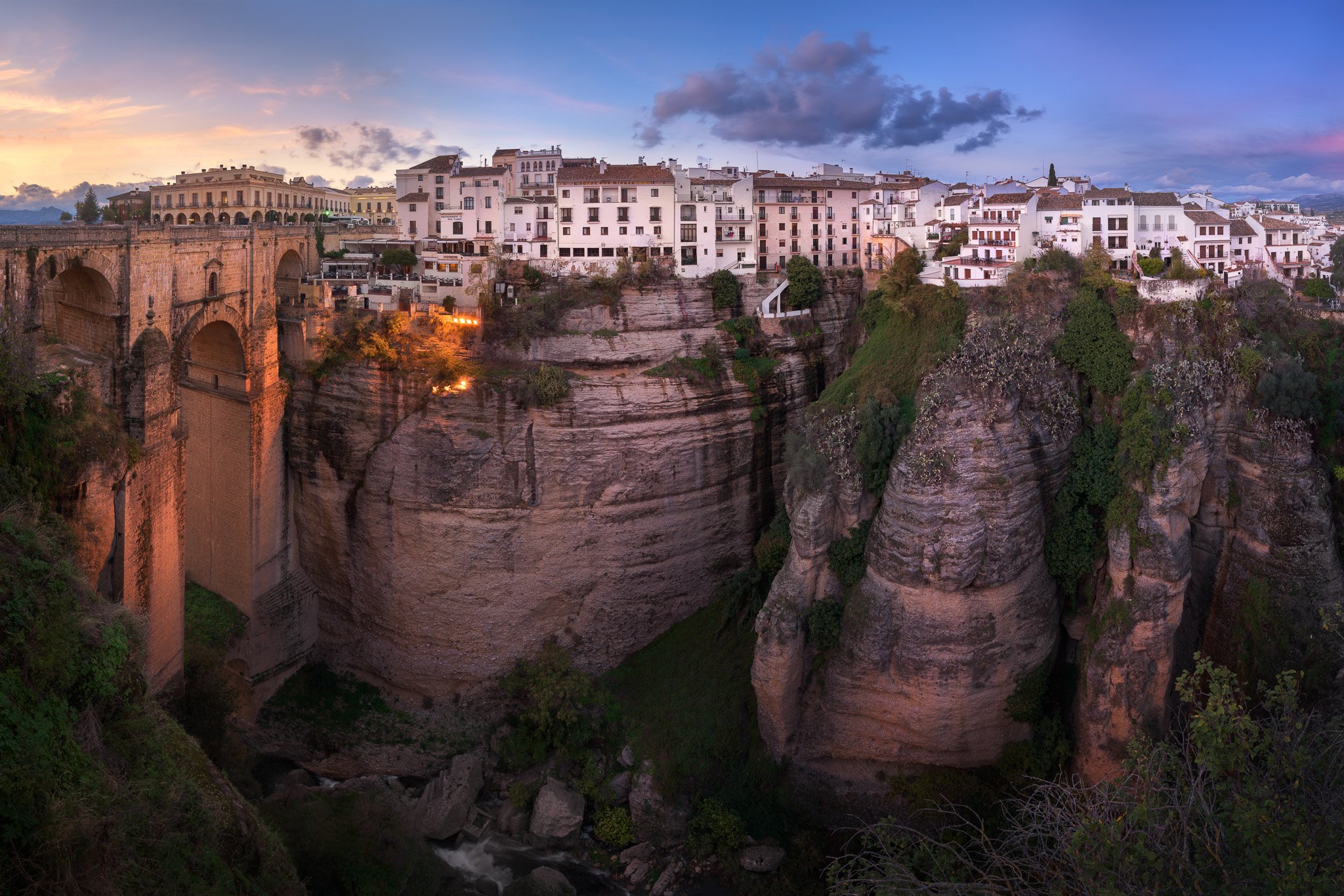 ancient, andalucia, andalusia, antique, arch, architecture, blue, bridge, building, canyon, chasm, city, cityscape, cliff, dusk, europe, european, evening, gorge, high, hill, historic, historical, history, house, iberia, iconic, illuminated, landmark, lan, Andrey Omelyanchuk