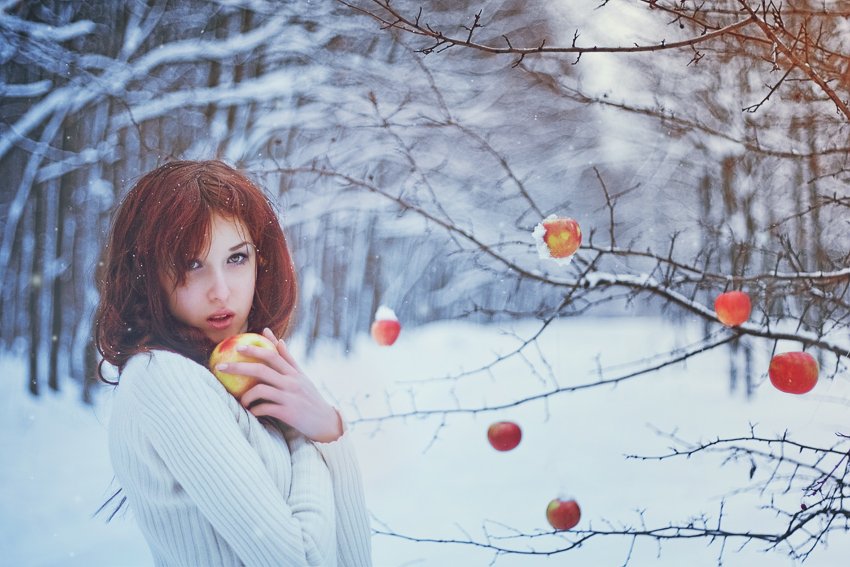 девушка, лес, зима, снег, яблоки, сказка, волшебство, Артур Сарибекян