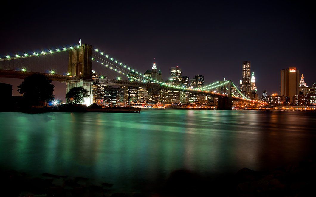 пейзаж, нью-йорк, мост, вода, город, огни, небоскреб, shining)