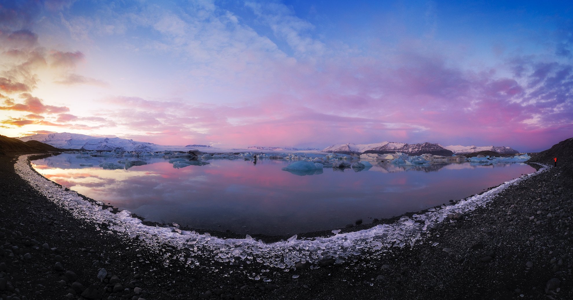 Iceland, icebergs, lagon, reflaction, ice, glacier, clouds, sunset, water, arctic, fisheye, Сергей Курля