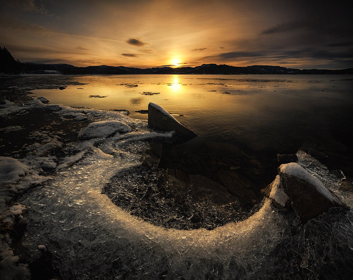 lake, winter, ice, water freezing, beach, shore, norway, sunset, sunrise,, Adrian Szatewicz