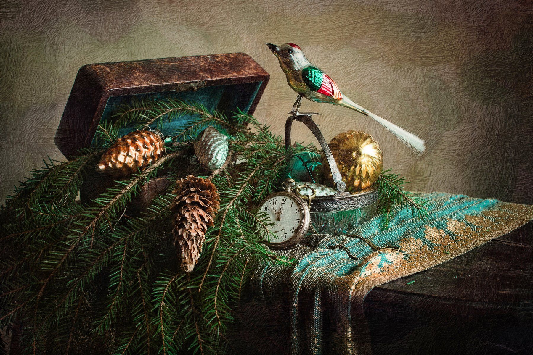 натюрморт, стекло, игрушки, ёлка, часы, новый год, Анна Петина
