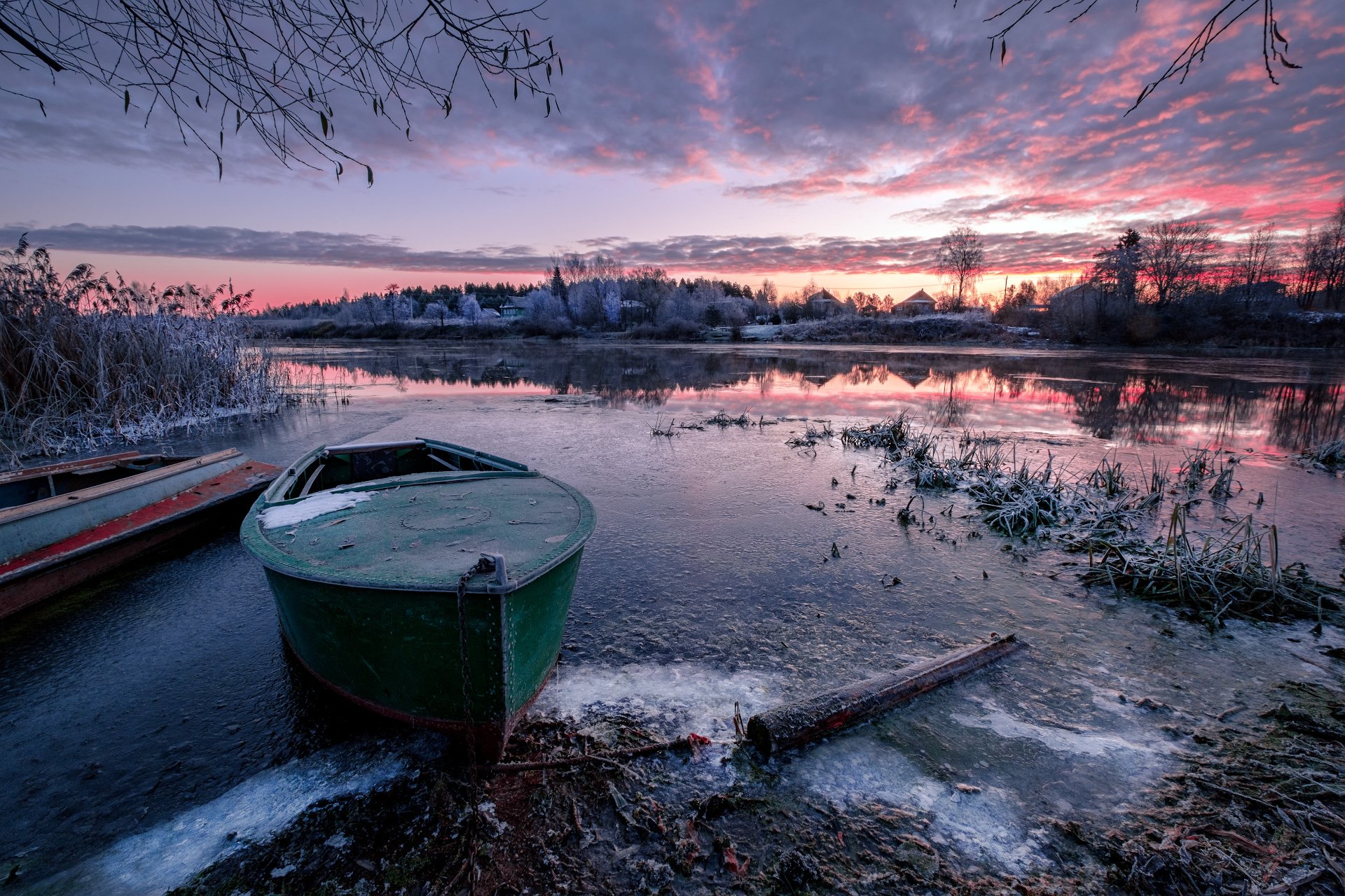 пейзаж, ноябрь, лодки, река, дубна, лед, иней, холод, рассвет, утро, Андрей Чиж