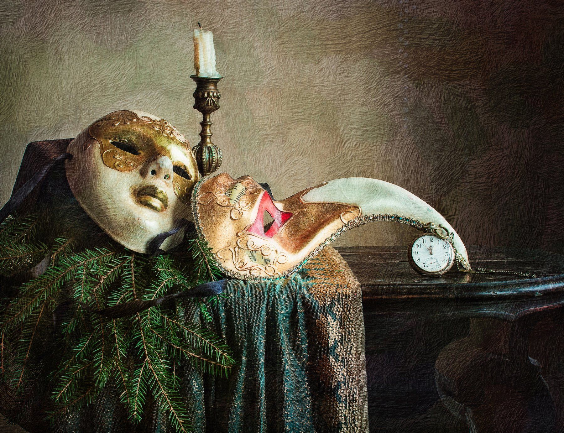 натюрморт, маска, часы, свеча, ёлка, новый год, Анна Петина