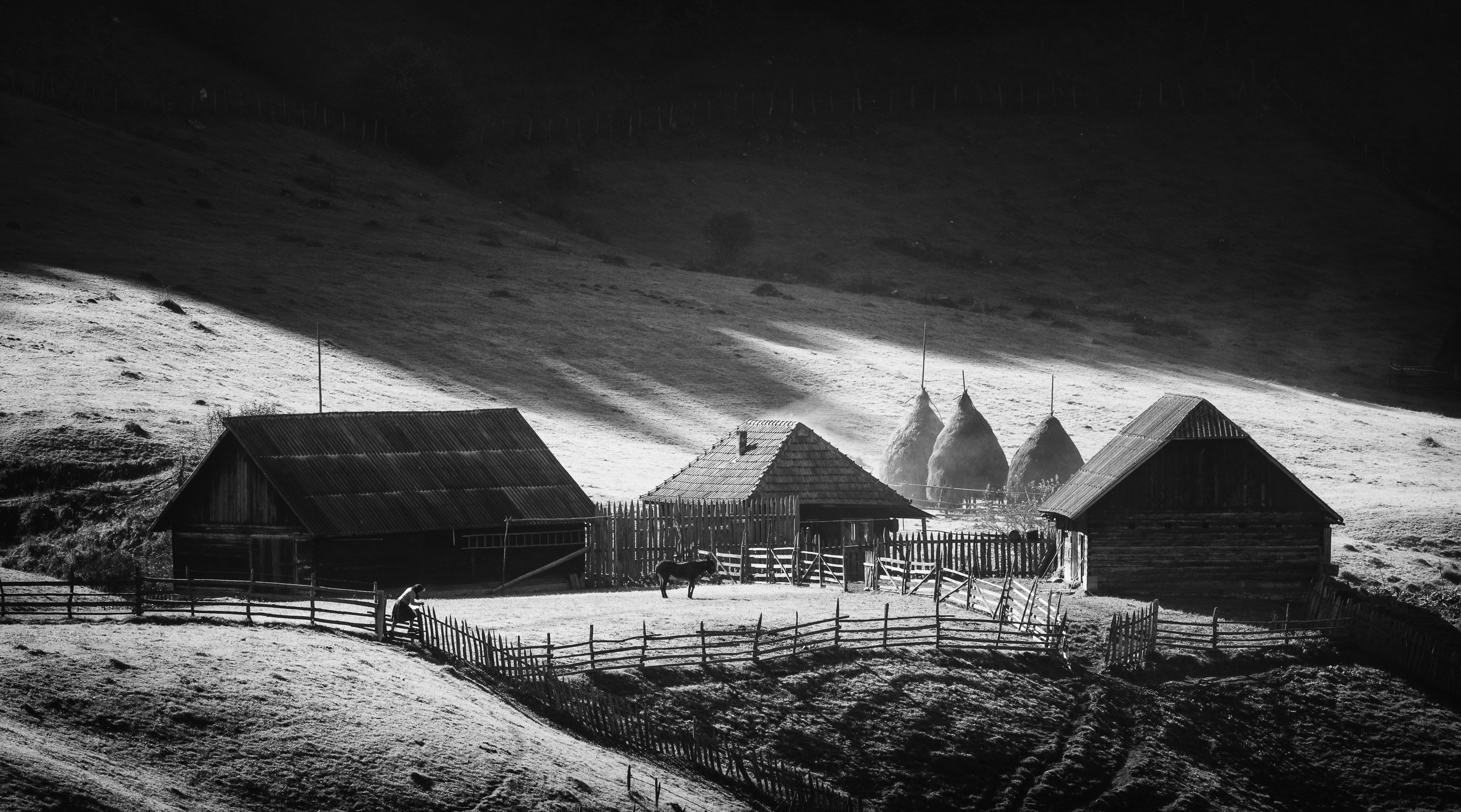 landscape, mountain, light, nature, пейзаж, природа, горы, rural, idyll, village,home, sunrise, black&white, Genadi Dochev