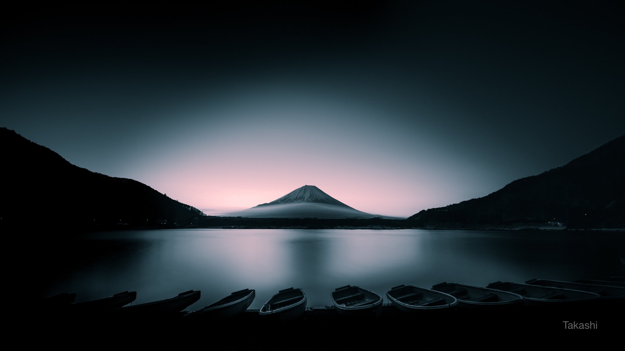 Fuji,Japan,mountain,lake,water,boat,sunrise,dawn,pink,green,beautiful,amazing,wonderful,, Takashi