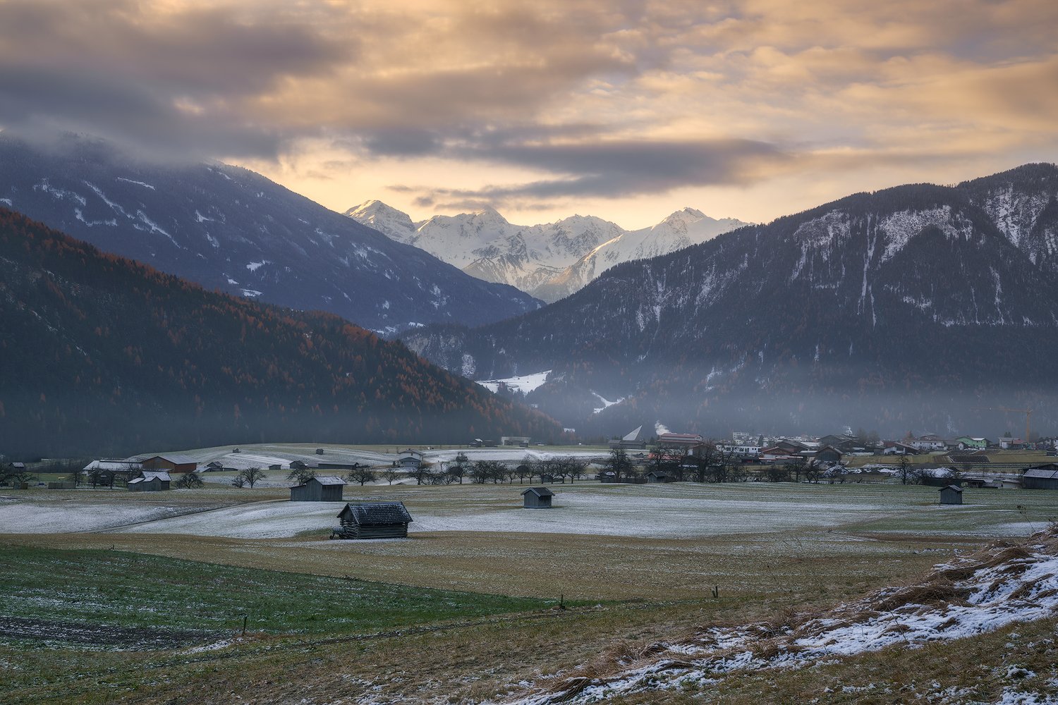 acres, agriculture, alps, austria, austrian alps, barns, forest, fruit trees, gurgltal, hauses, hey barns, hills, huts, imst, larch trees, larches, meadows, morning, morning glow, mountains, outdoors, peaks, snow, tarrenz, tyrol, valley, village, winter, Ludwig Riml