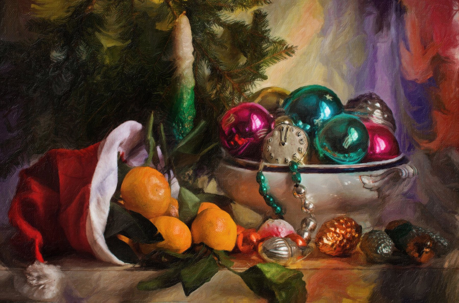 натюрморт, стекло, фарфор, игрушки, мандарины, ёлка, новый год, Анна Петина