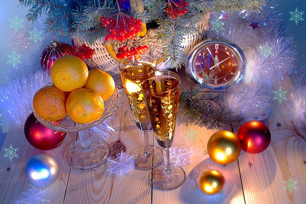 новый год , ветки сосны,шампанское,часы, зима, вера павлухина ,, Вера Павлухина
