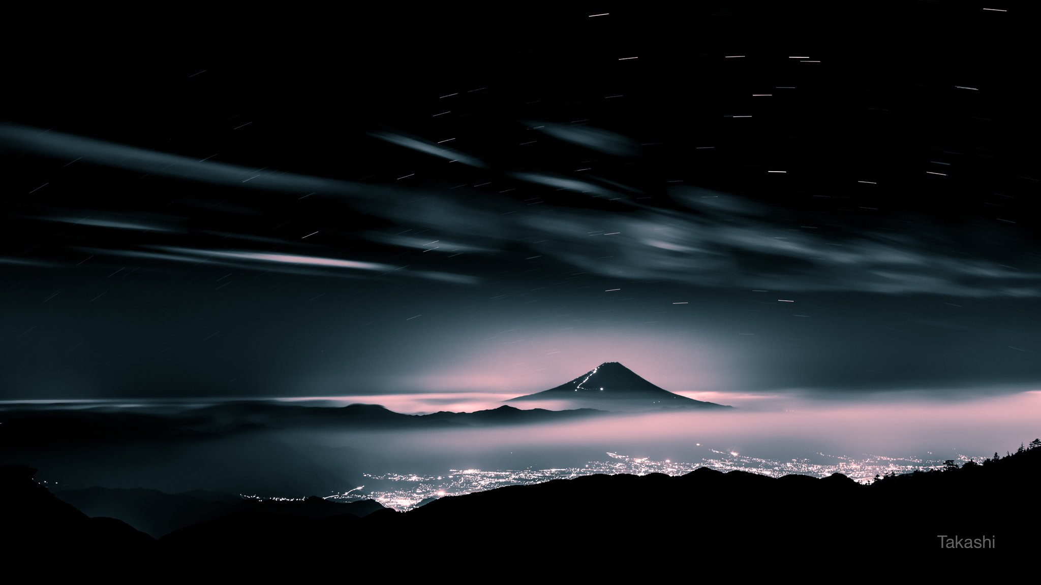 Fuji,Japan,mountain,summer,cloud,night,beautiful,star,light,pink, Takashi