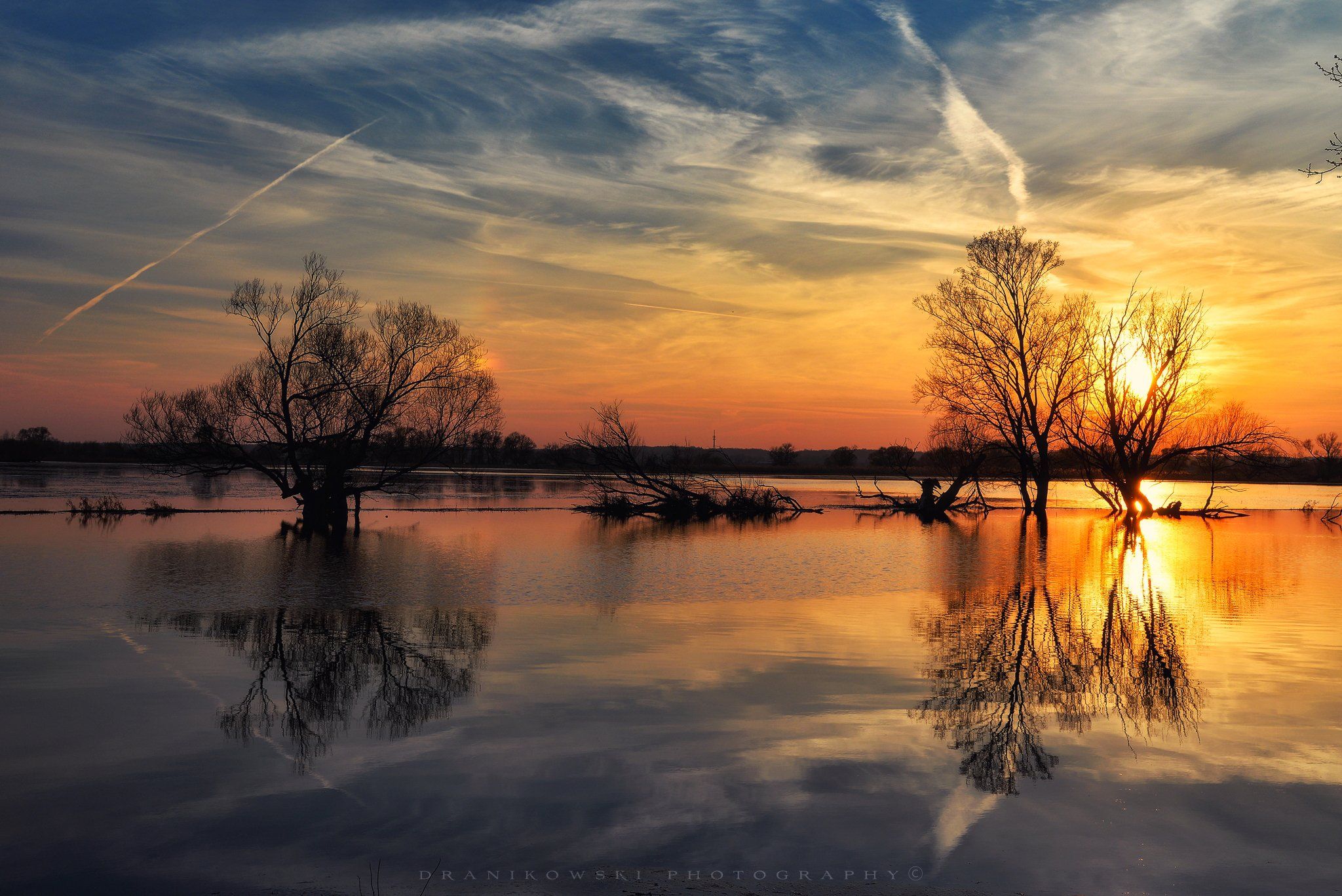sunset backwaters water winter ice sun trees clouds odra poland, Radoslaw Dranikowski