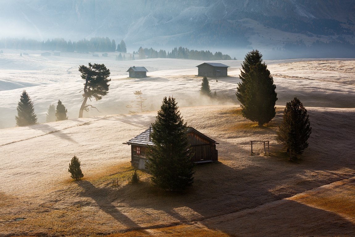 light, fog, mist, italy, mountains, trees, dolomites, mood, alps, autumn, fall, hut, chalet, landscape, nature, Martin Rak