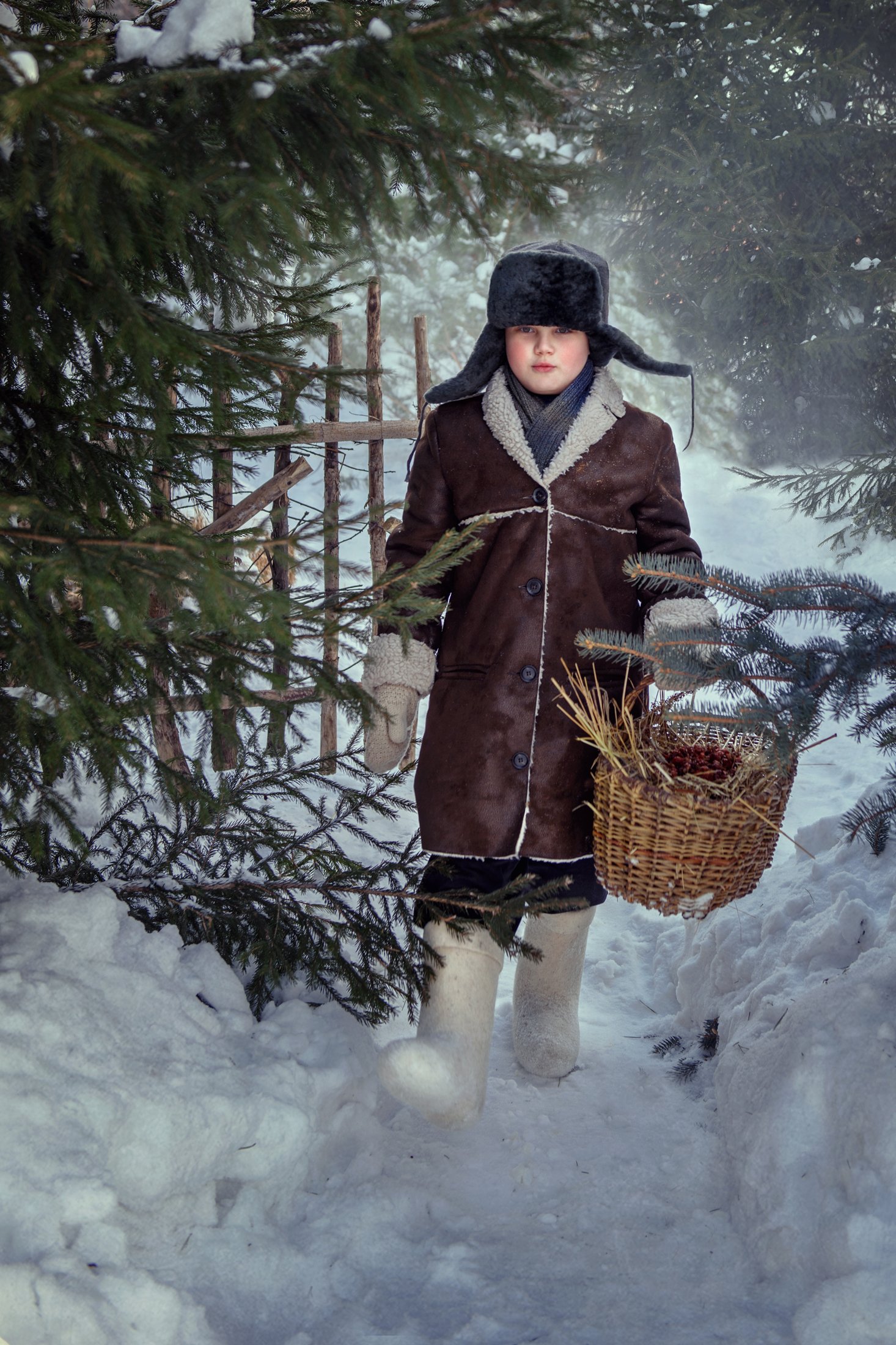 Зима, мальчик, прогулка, снег, лес, сугробы, дрова, санки, Татьяна Макарова