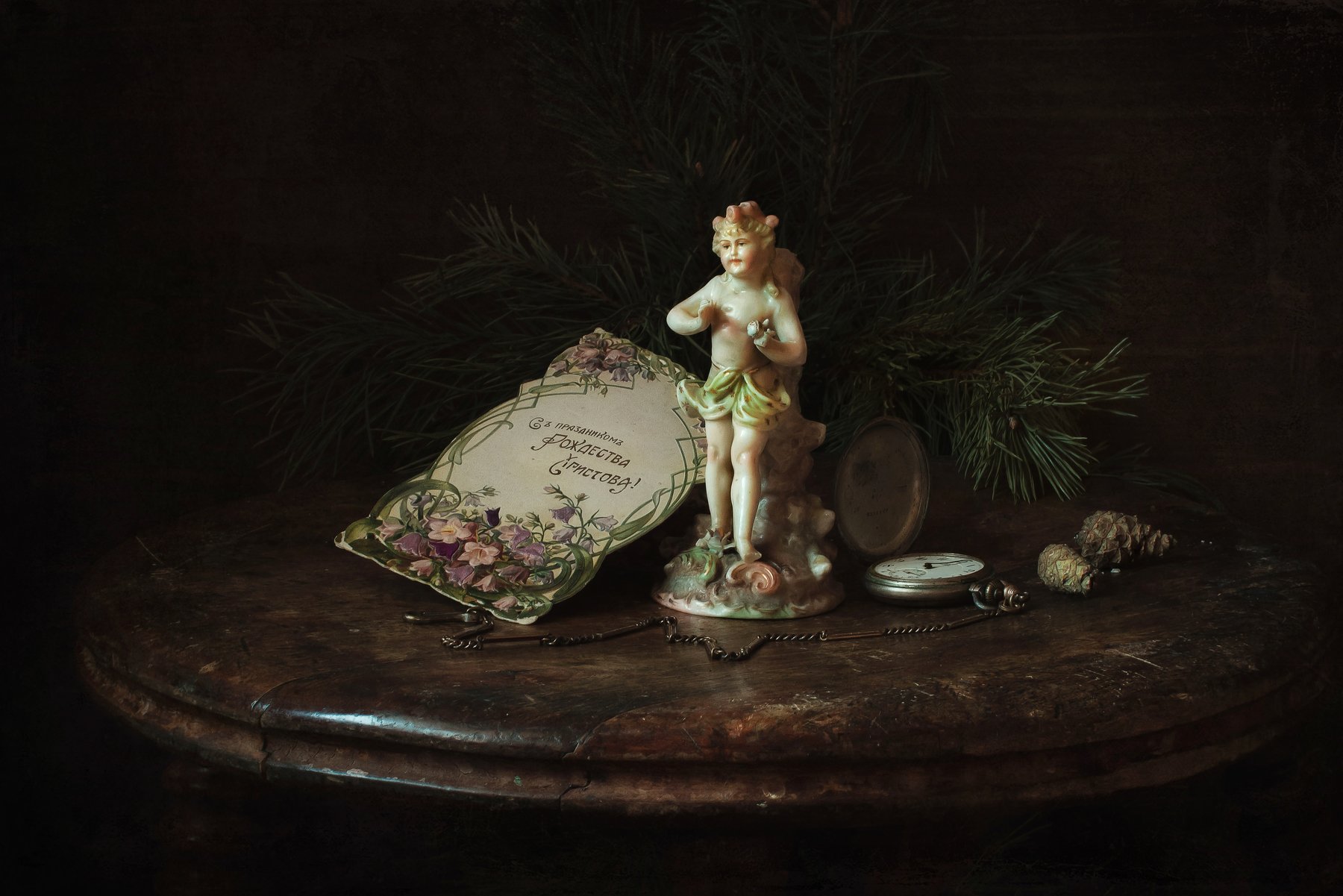 натюрморт, рождество, ёлка, фарфор, статуэтка, открытка, часы, Анна Петина