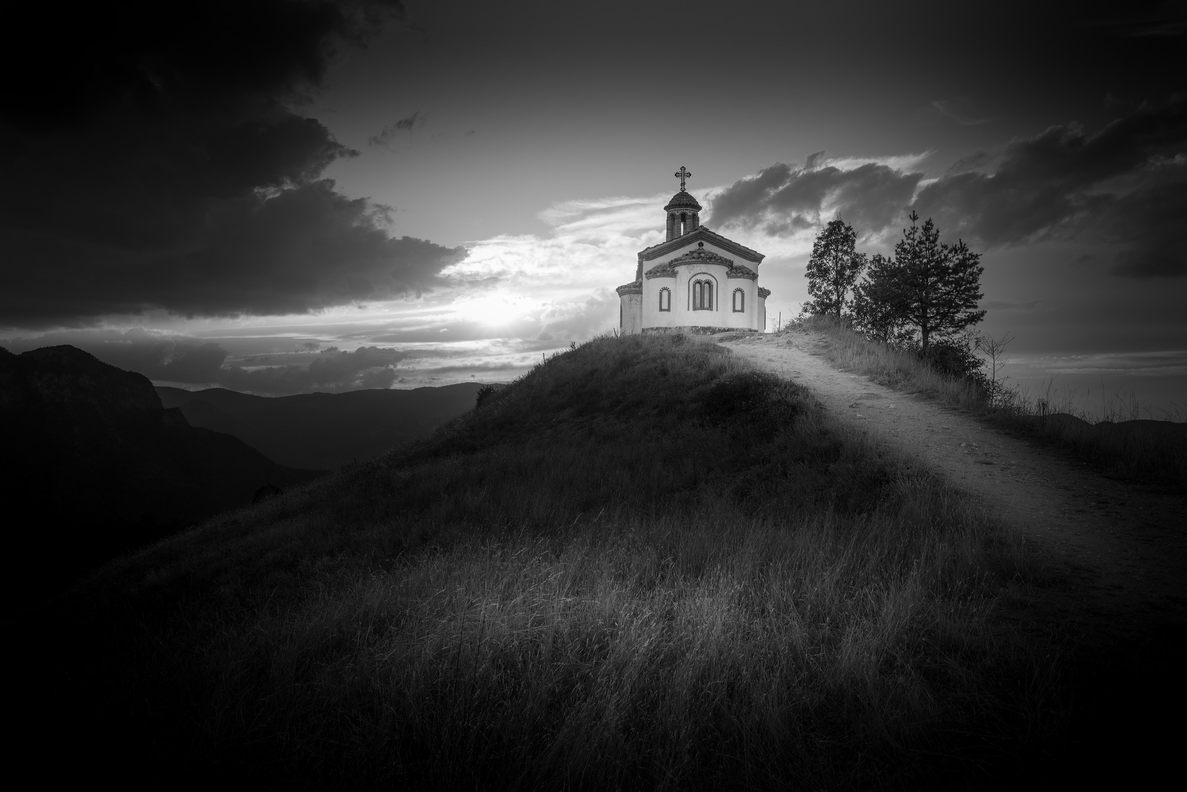 chapel, sunset, black and white, clouds, dramatic, Иво Кузов