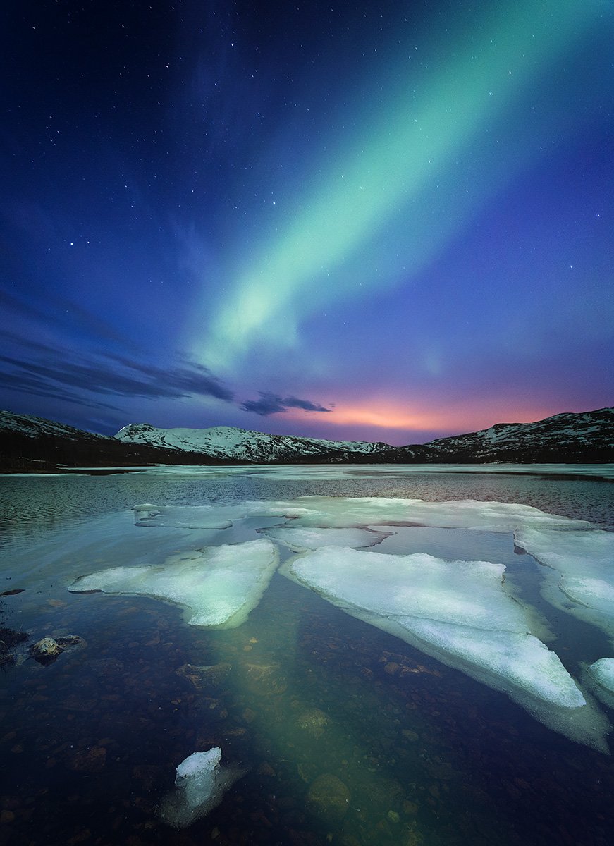 aurora, borealis, north lights, night, lake, winter, night photo, norway, norwegian, outdoor, nature, natural, landscape, astronomy, Adrian Szatewicz