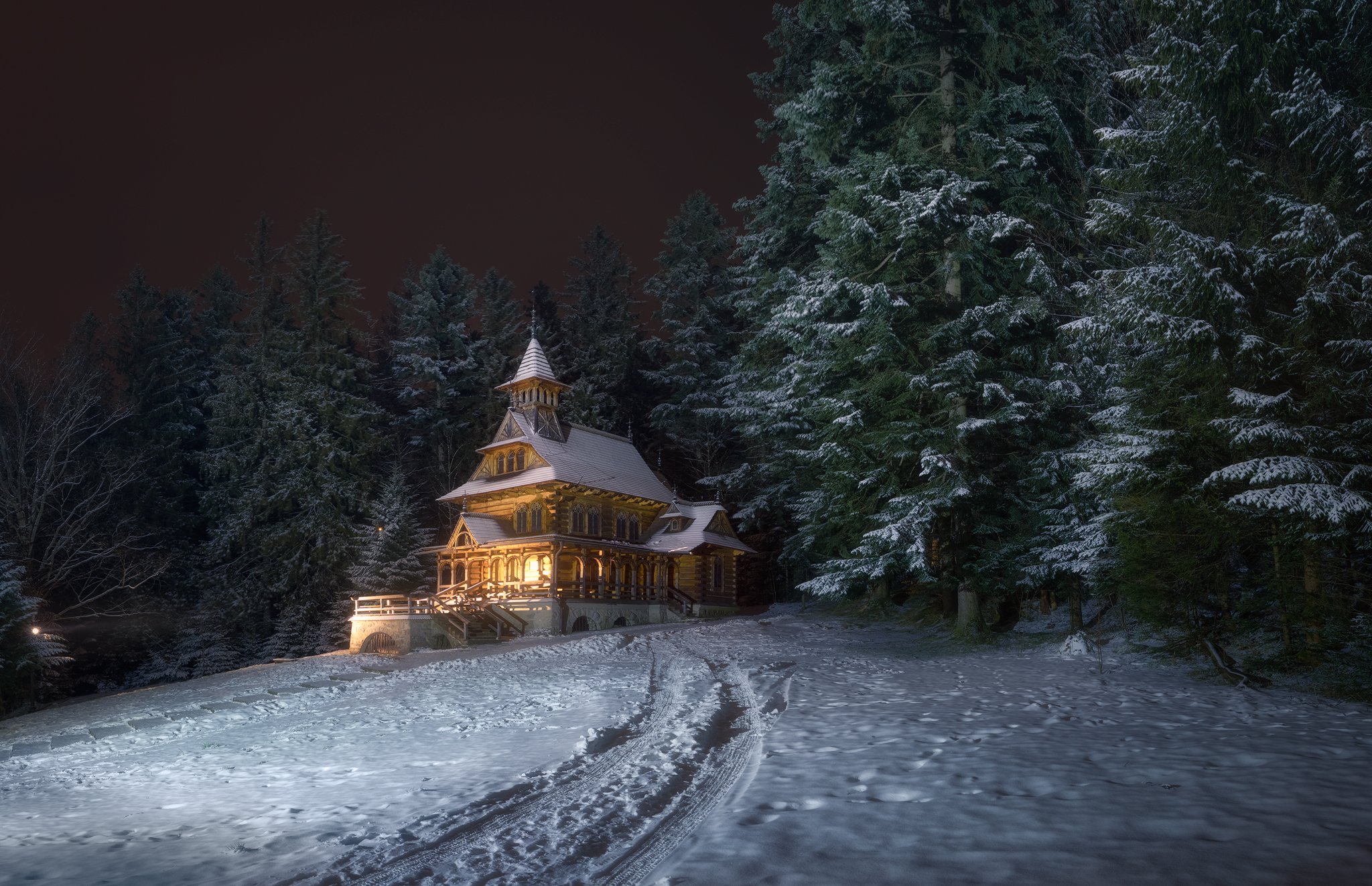 church poland zakopane jaszczurówka winter eve snow light woods forest trees, Maciej Warchoł