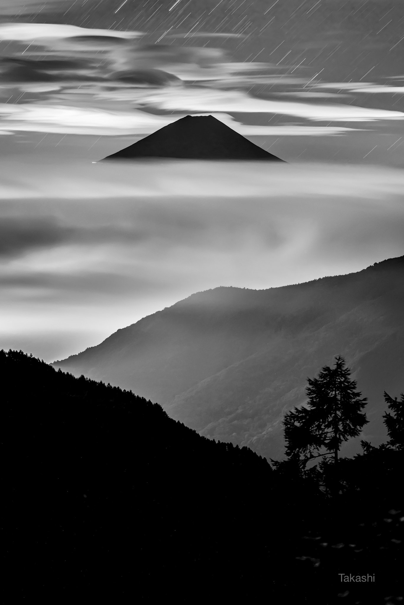 Fuji,mountain,Japan,cloud,dawn,star,night,silhouette,tree,beautiful,amazing,landscape,, Takashi
