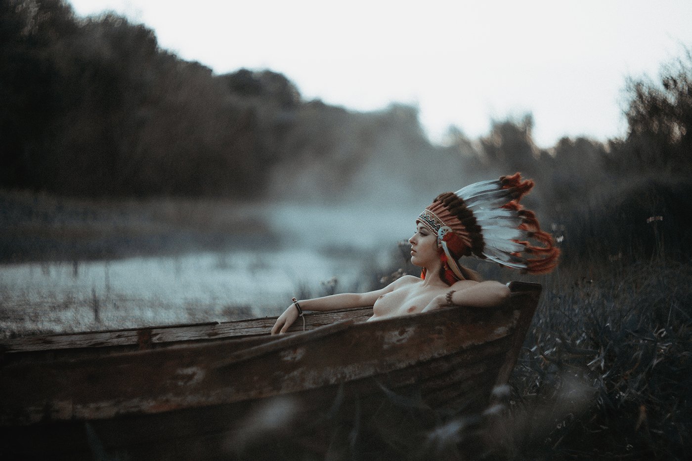 Girl, boat, canoe, Indian, hat, nude, Александр Кузовков