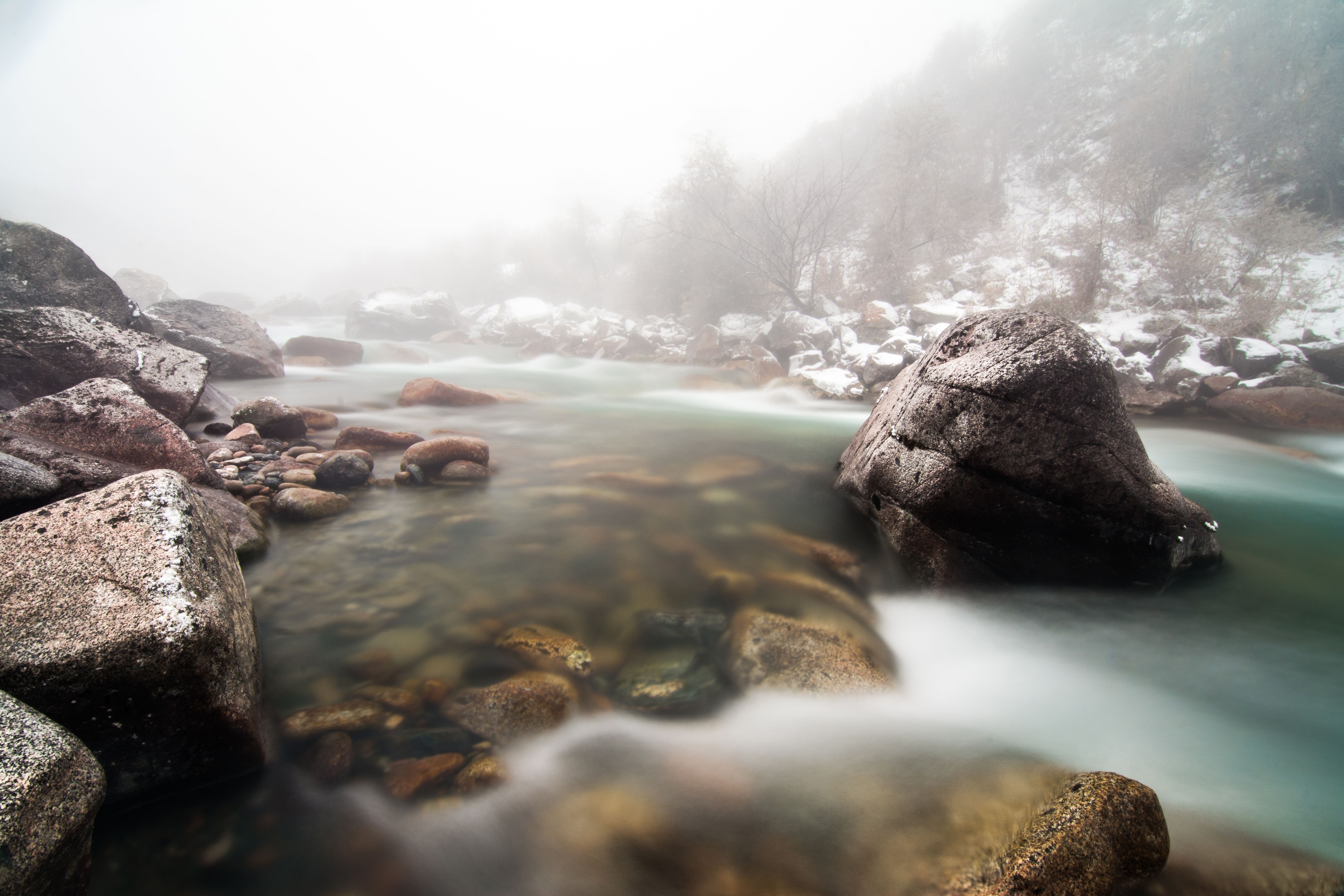 горы, река, камни, пейзаж, туман, зима, природа, скалы, Василий Шумкин