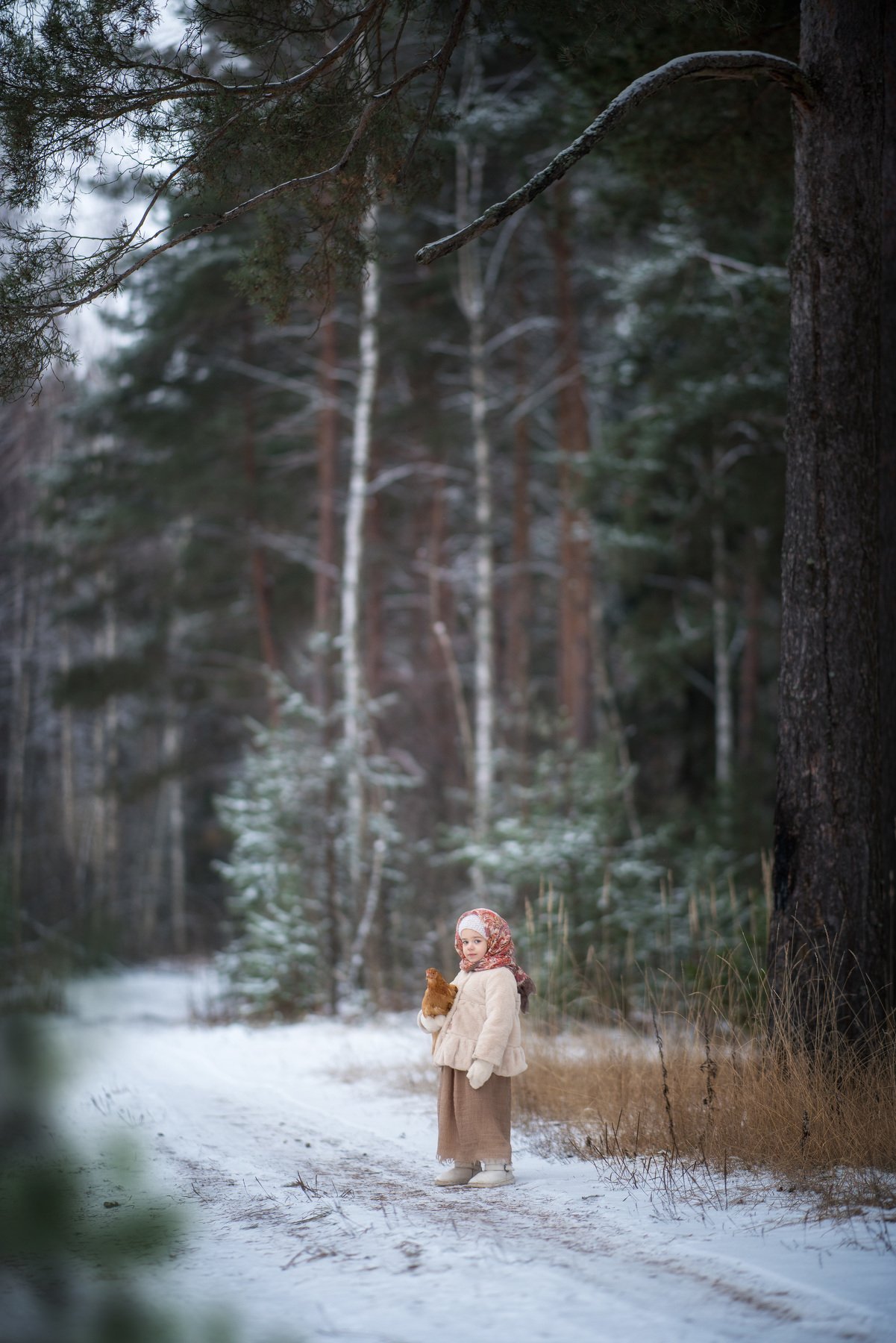 детское фото девочка лес природа ретро курочка животные русский стиль зима снег, Елена Успенская