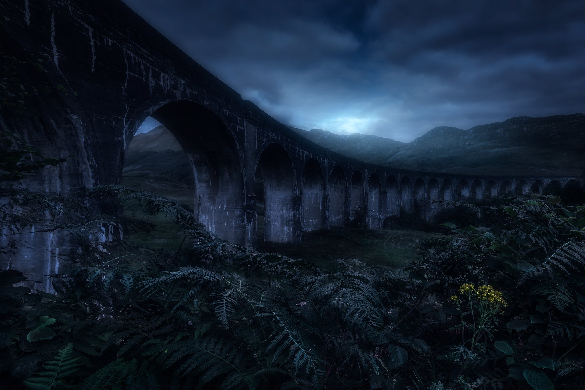 glenfinnan viaduct scotland harry potter night moonshine moody sky clouds nightscape, Maciej Warchoł