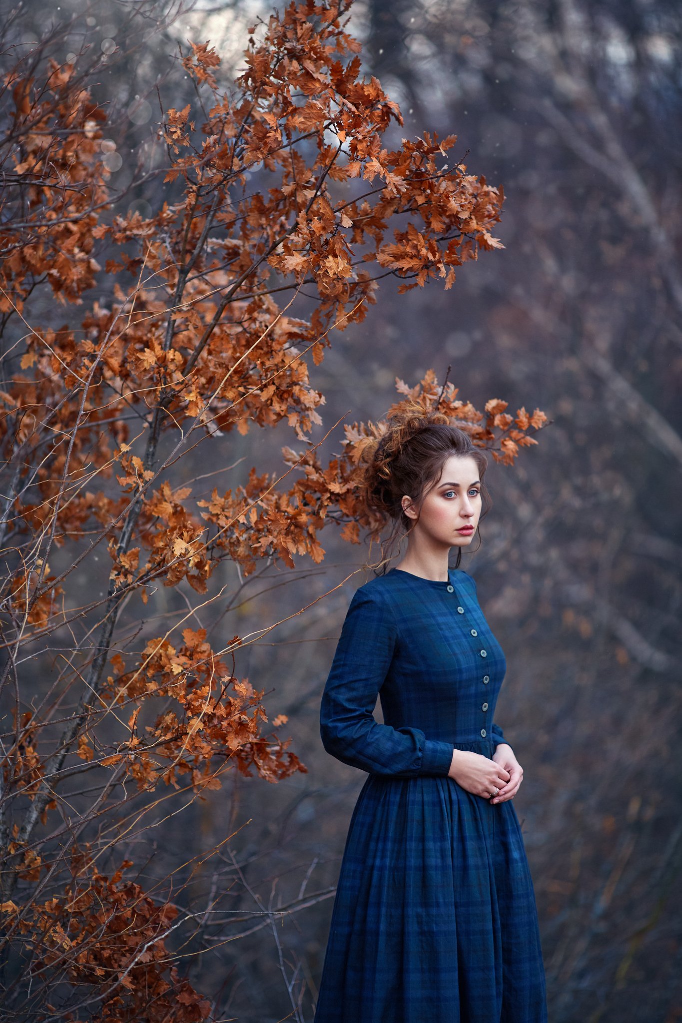 woman, portrait, blue dress, autumn, Monica Lazar