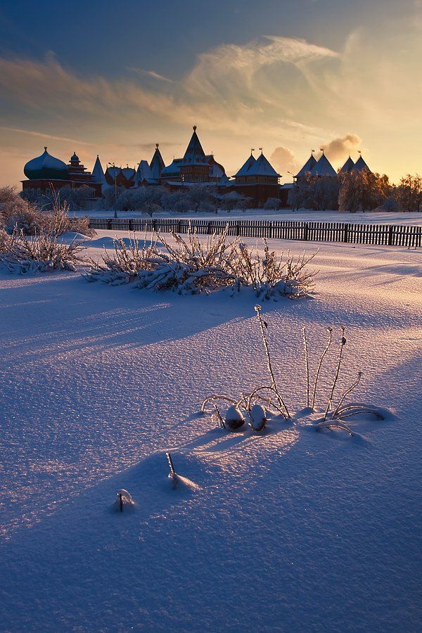 зима, вечер, снег, кусты, забор, дворец, пейзаж, Oleg Dmitriev