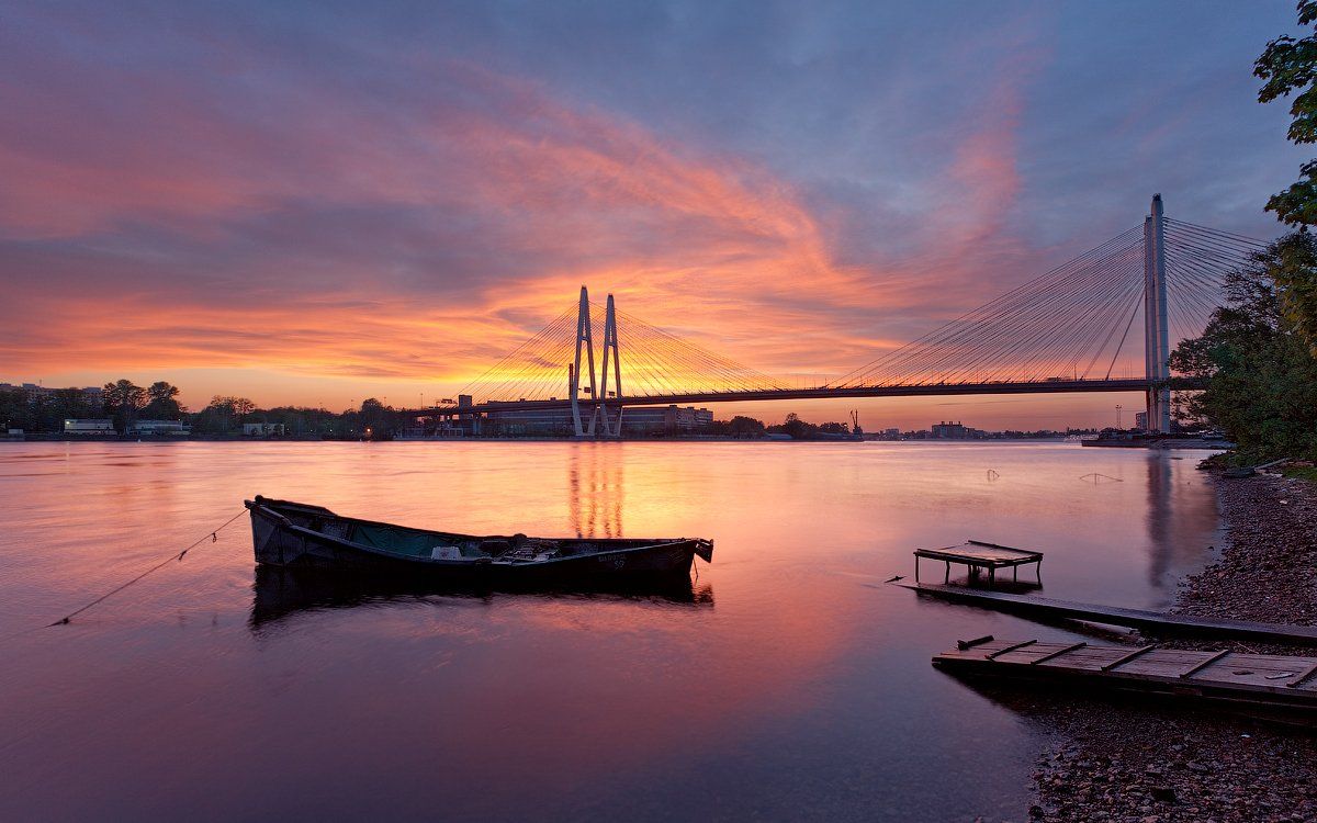 санкт-петербург, нева, большой обуховский вантовый мост, закат, Alex Darkside